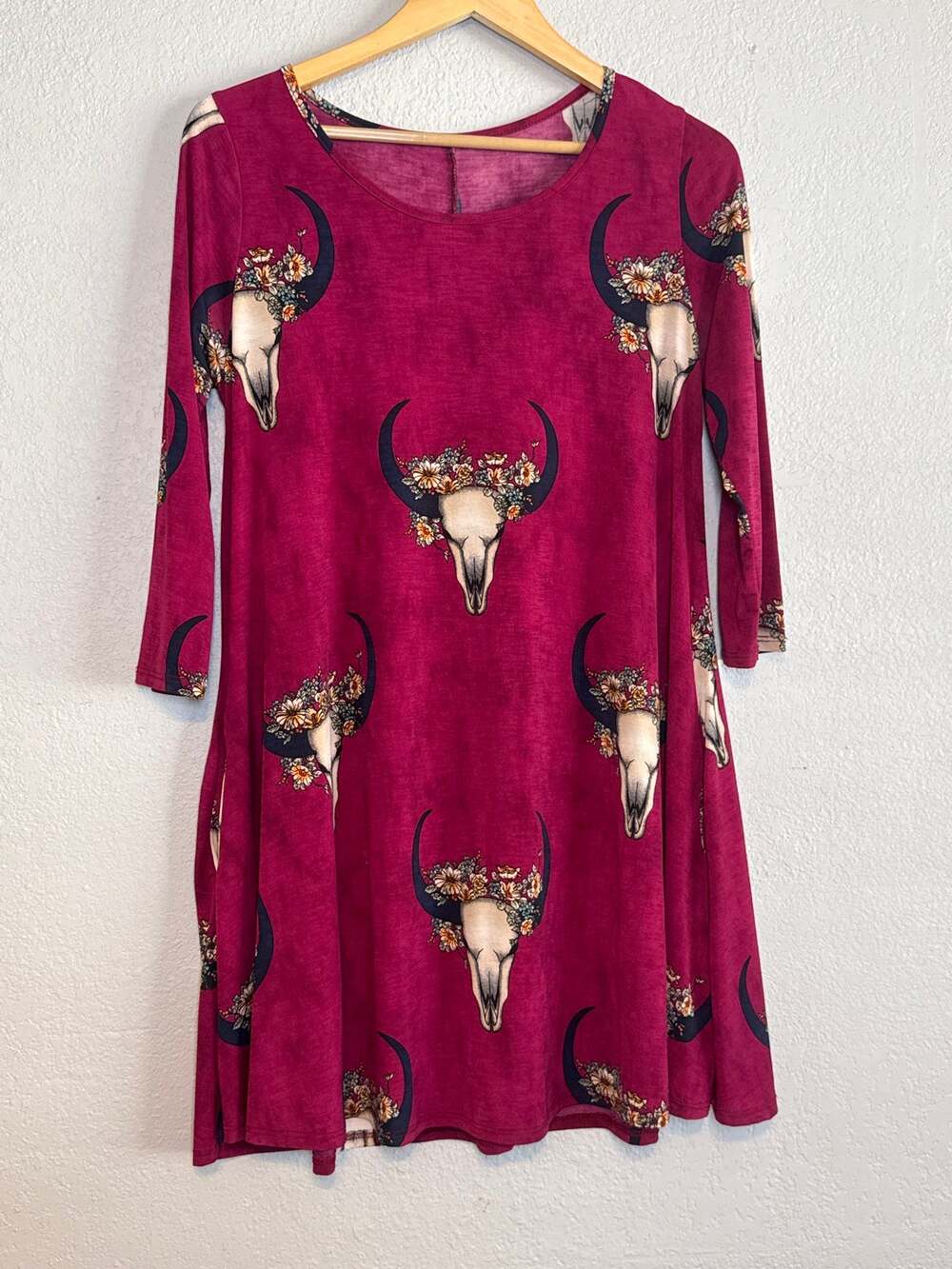 Vintage Cowgirl Longhorn Shift Dress Womens Medium Pink Red Western Relaxed Fit